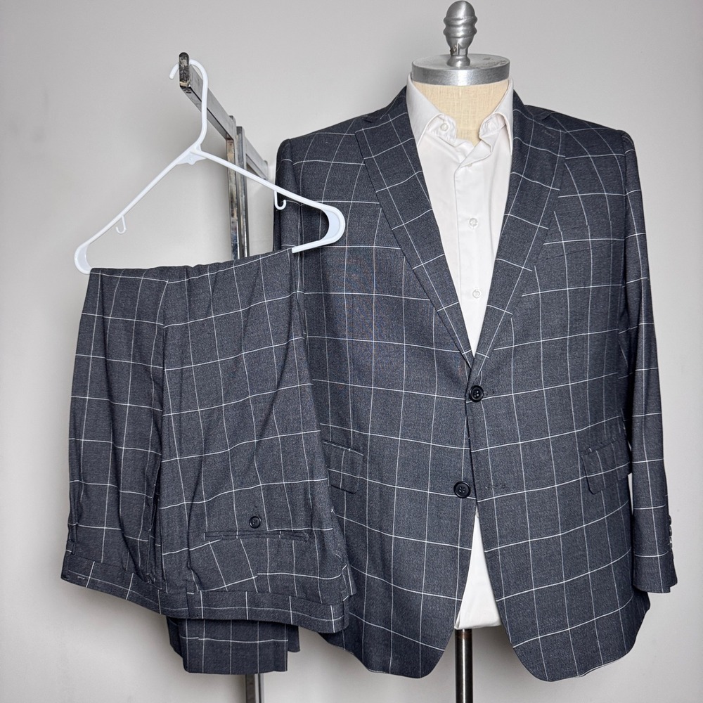 lineage Suit Mens 48R 42x28 Charcoal Grey Windowpane Check Performance